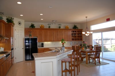 Bright kitchen area with dining space and decoration