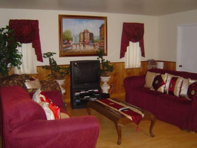 Cozy living room with red couches and art