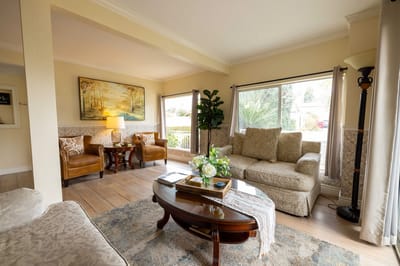 Bright and inviting common area with seating