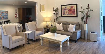 Bright and inviting interior common area with seating