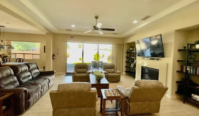 Bright and inviting common area with seating