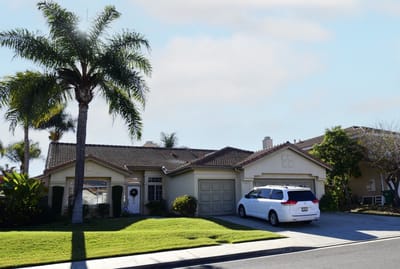 Exterior view of a residential building with a lawn and palm trees