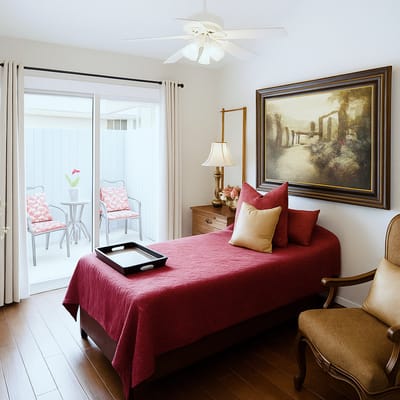 Brightly decorated resident room with outdoor seating