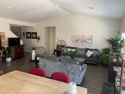 Bright common area with comfortable seating and plants