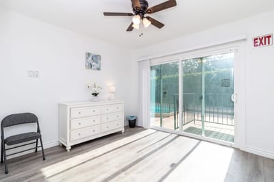 Bright and spacious resident room with pool view