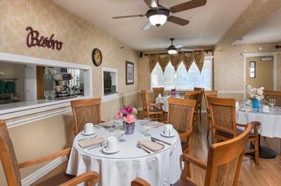 Dining area set up for a meal service