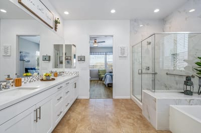 Modern bathroom interior with bright lighting