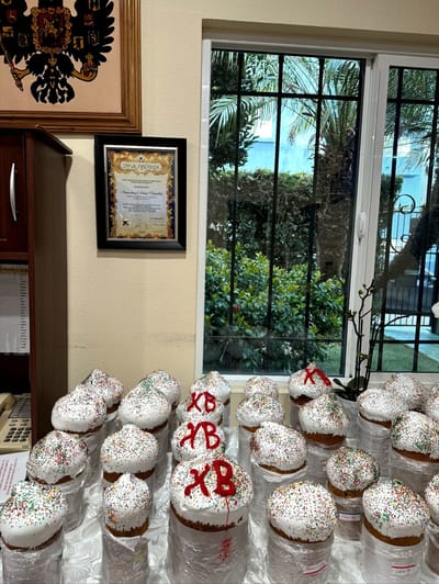 Decorated cakes displayed in a common area
