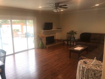 Bright interior common area with a view of the pool