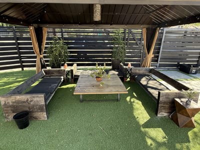 Outdoor lounging area with comfortable seating