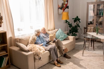 Elderly couple reading together on a sofa