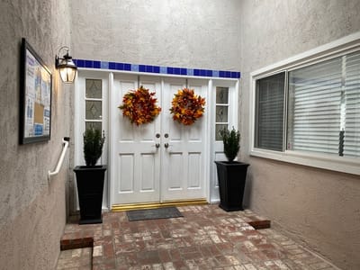 Entrance with decorated doors and plants