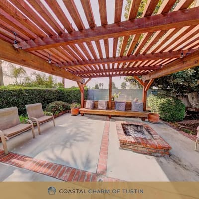 Outdoor shaded seating area with fire pit