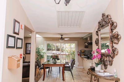 Bright common area with outdoor view and seating
