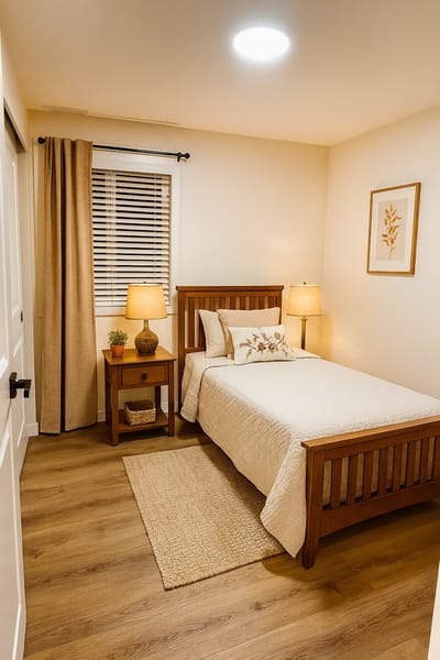 Cozy resident room with bed and lamps