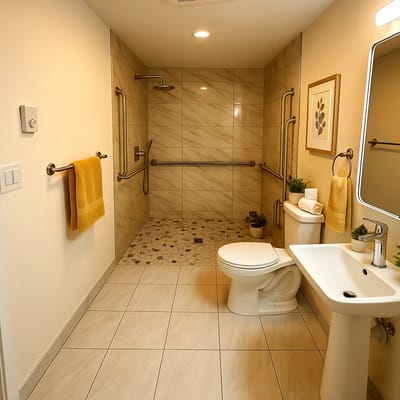 Accessible bathroom with grab bars and bright decor