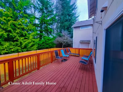 Outdoor deck area with seating at the facility
