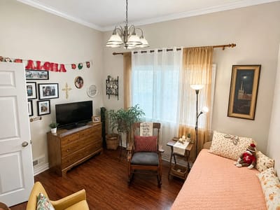 Cozy resident room with warm lighting and decor