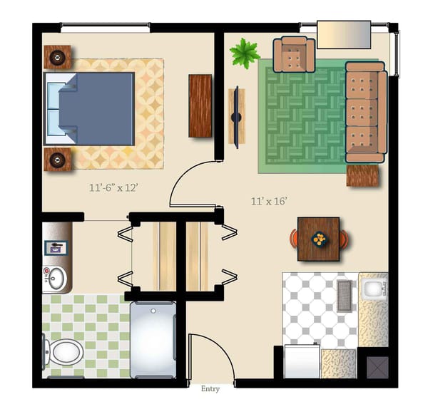 Architectural floor plan of a two-room residence
