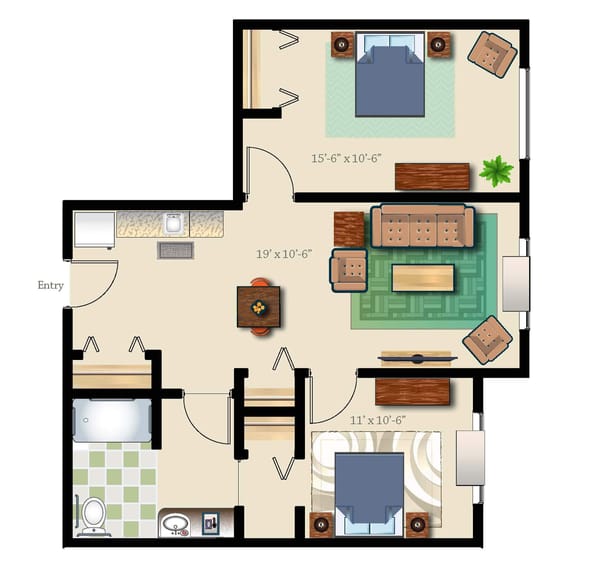 Two Bed One Bath 847 Sq. Ft. Assisted Suite