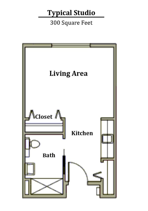 Architectural floor plan of a typical studio apartment
