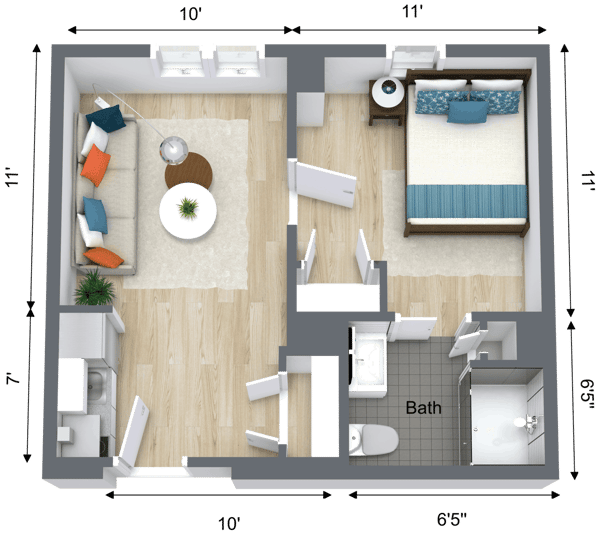 Floor plan of a resident unit with living area and bedroom
