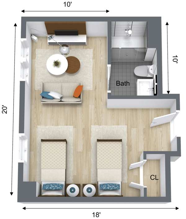 Architectural floor plan of a resident living unit