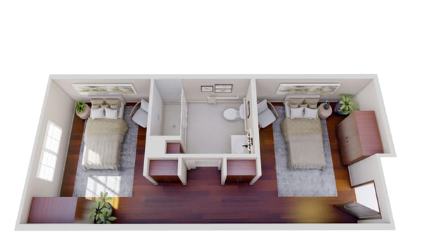 Floor plan of a shared resident room with two beds