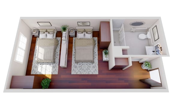 Private resident room with two beds and bathroom
