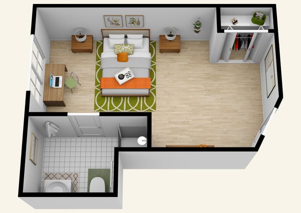 3D floor plan of a private resident room