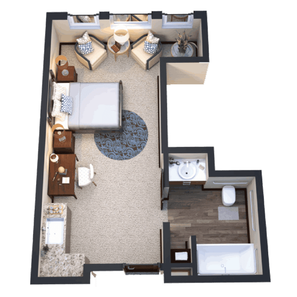 Illustration of a bedroom layout in a senior living facility