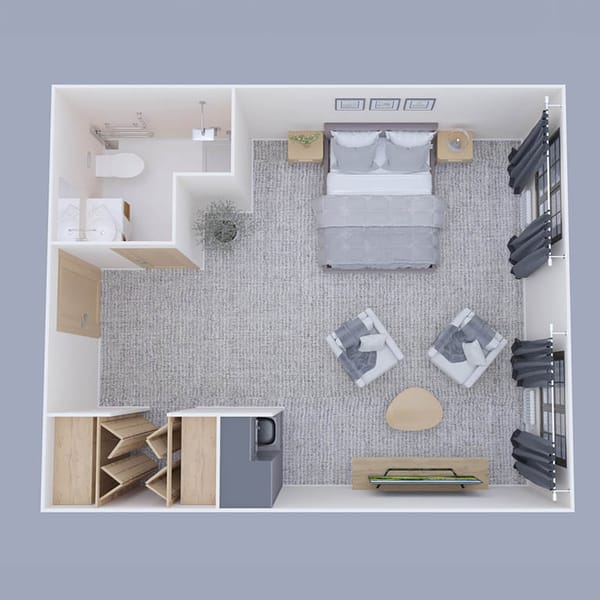 Aerial view of a basic resident room layout