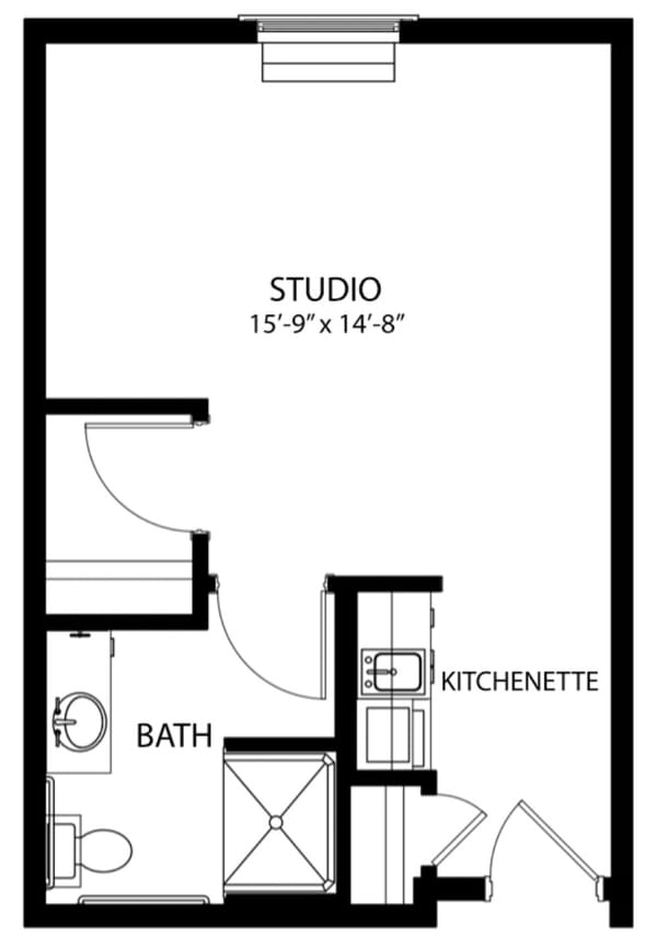 Architectural floor plan of a studio apartment