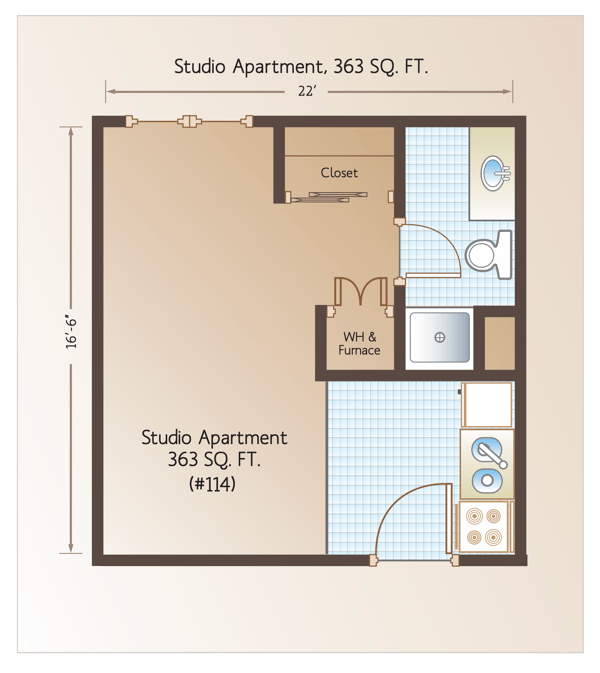 Architectural floor plan of a studio apartment