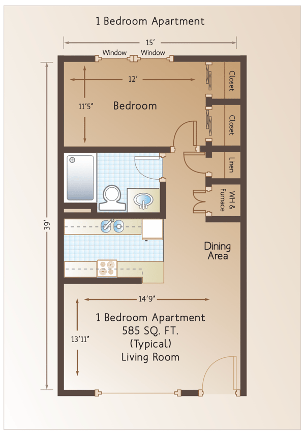 Architectural floor plan of a one-bedroom apartment