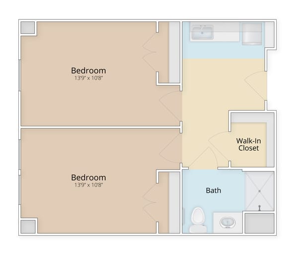 Architectural floor plan of a two-bedroom layout