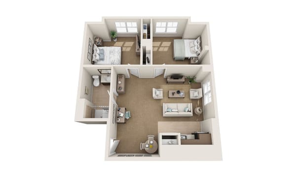 Architectural floor plan of a spacious two-bedroom unit