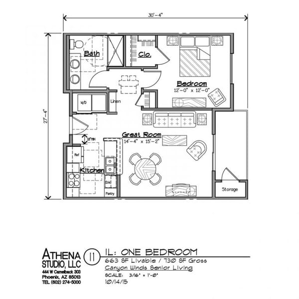 Architectural floor plan of a one-bedroom unit