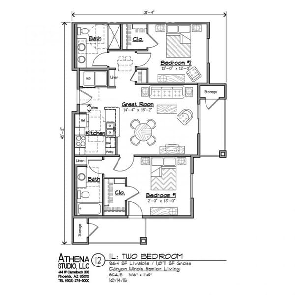 Architectural floor plan of a two-bedroom unit