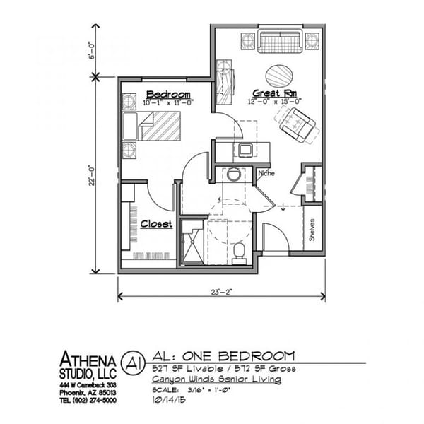 Architectural floor plan of a one-bedroom unit