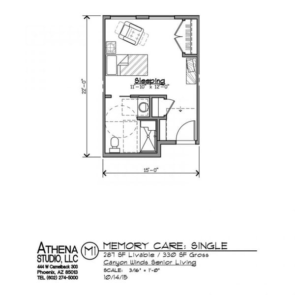Architectural floor plan for a memory care single room