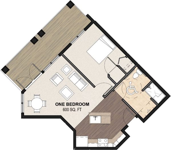Architectural floor plan for a one-bedroom unit