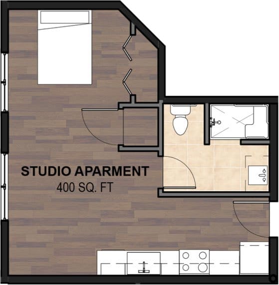 Architectural floor plan of a studio apartment