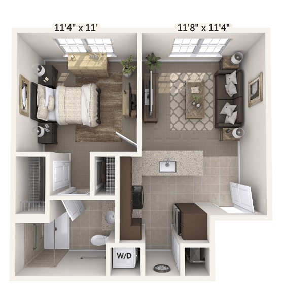 Floor plan of a 1-bedroom apartment unit