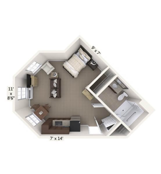 Architectural floor plan of a senior living unit