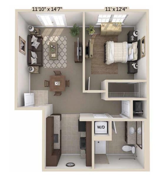 Floor plan of a one-bedroom apartment layout