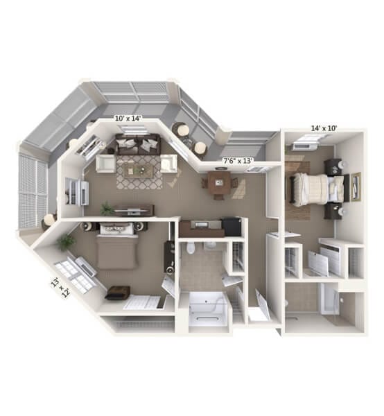 Floor plan of a senior living unit with labeled rooms