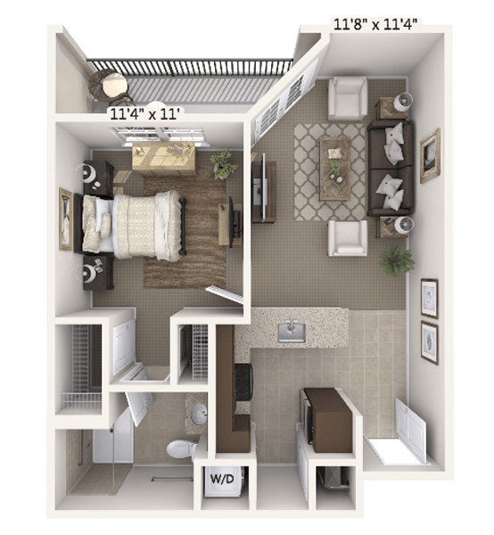 Architectural floor plan of a one-bedroom apartment