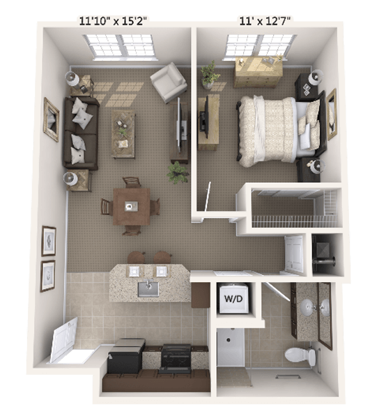 Architectural floor plan of a one-bedroom unit