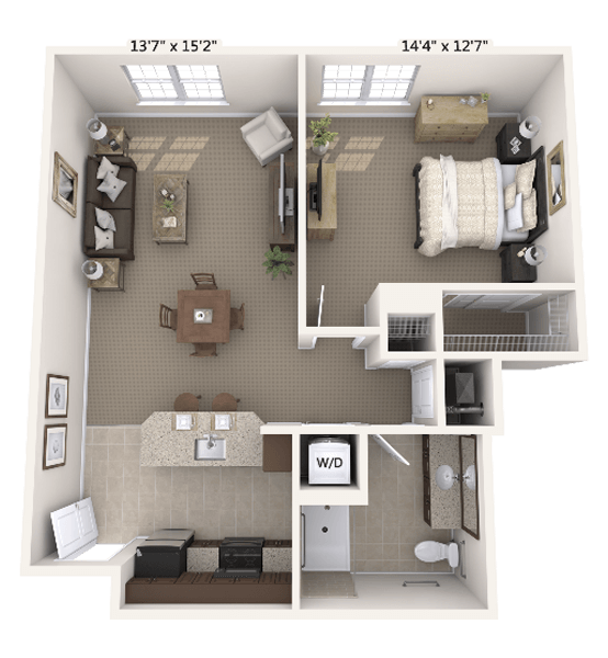 A floor plan of a one-bedroom apartment layout